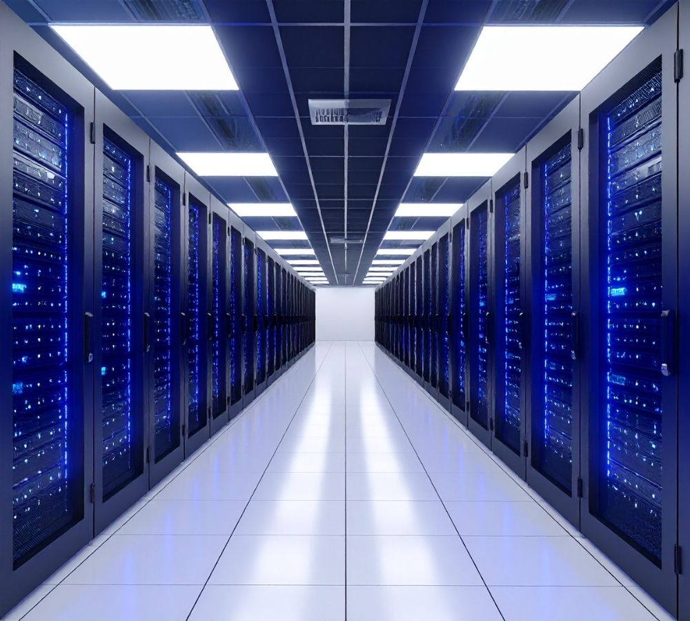 A futuristic server room with rows of black server racks glowing with blue lights