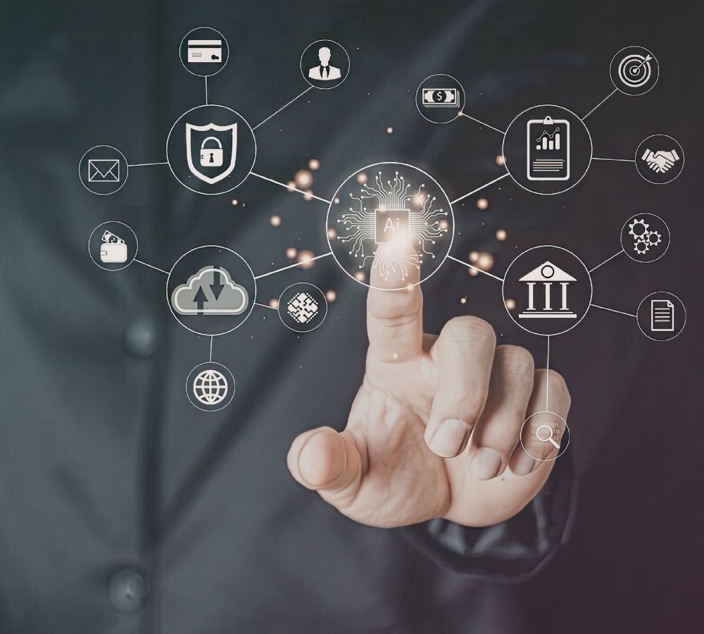 A hand is touching a glowing AI icon, surrounded by a network of financial and technological symbols