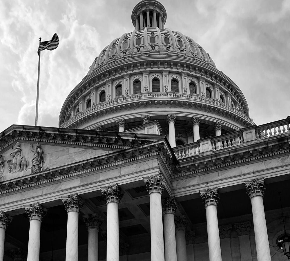 Black and white image of the United States Capitol dome, with intricate architectural details, columns
