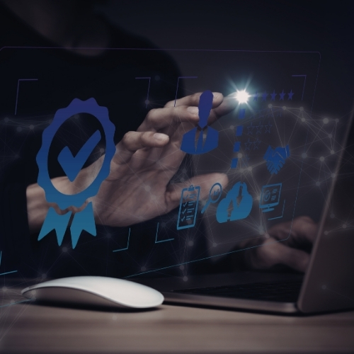 Hands interact with glowing digital icons, including a checkmark badge and cloud