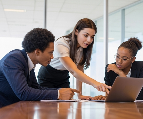 Three professionals in a modern office collaborate over a laptop, engaged and focused